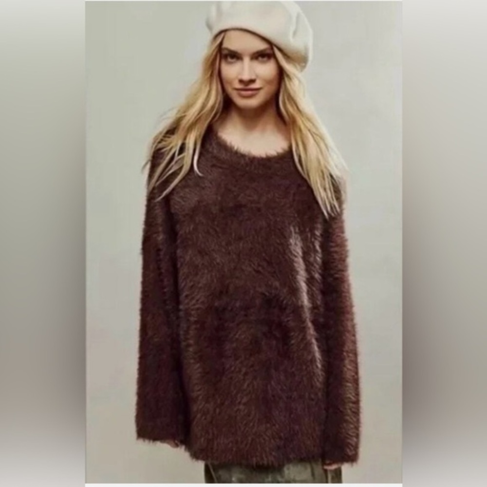 NWOT Free People Harrison Bunny Crew Small Brown New $168 retail Fuzzy Oversized
